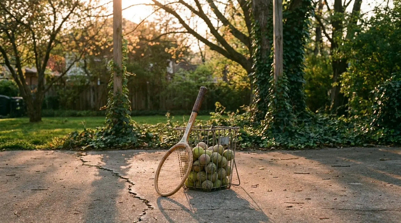 A tennis racket and a basket of balls resting on the ground next to a homemade wooden outdoor practice wall in a backyard.