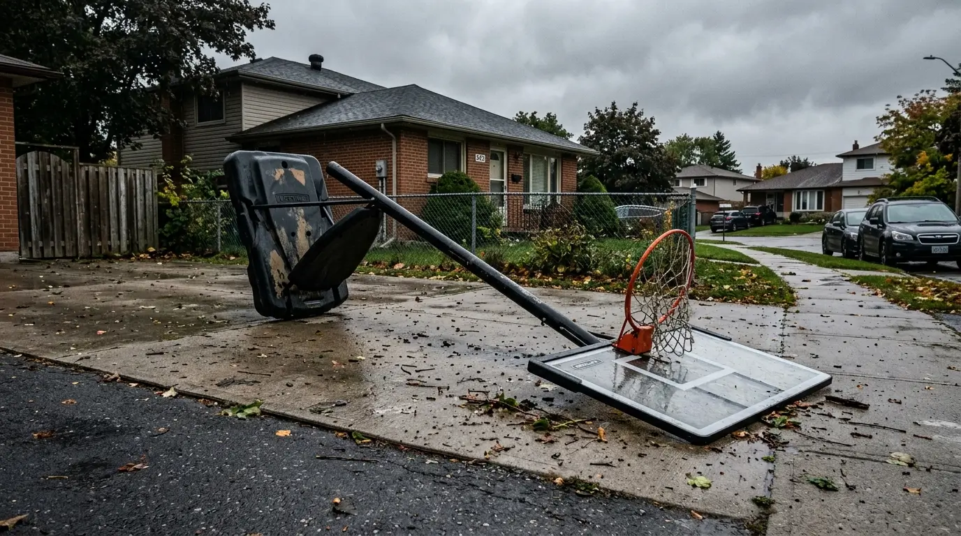 A portable basketball hoop tipped over onto a concrete driveway after a severe wind storm.