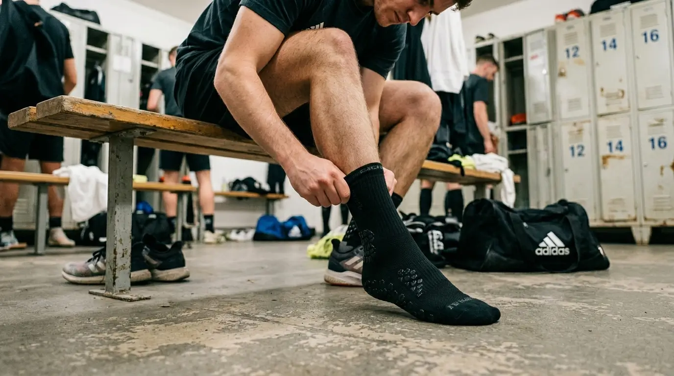 A player pulling up a black performance grip sock, showing the internal rubber pads meant to stop foot sliding inside shoes.