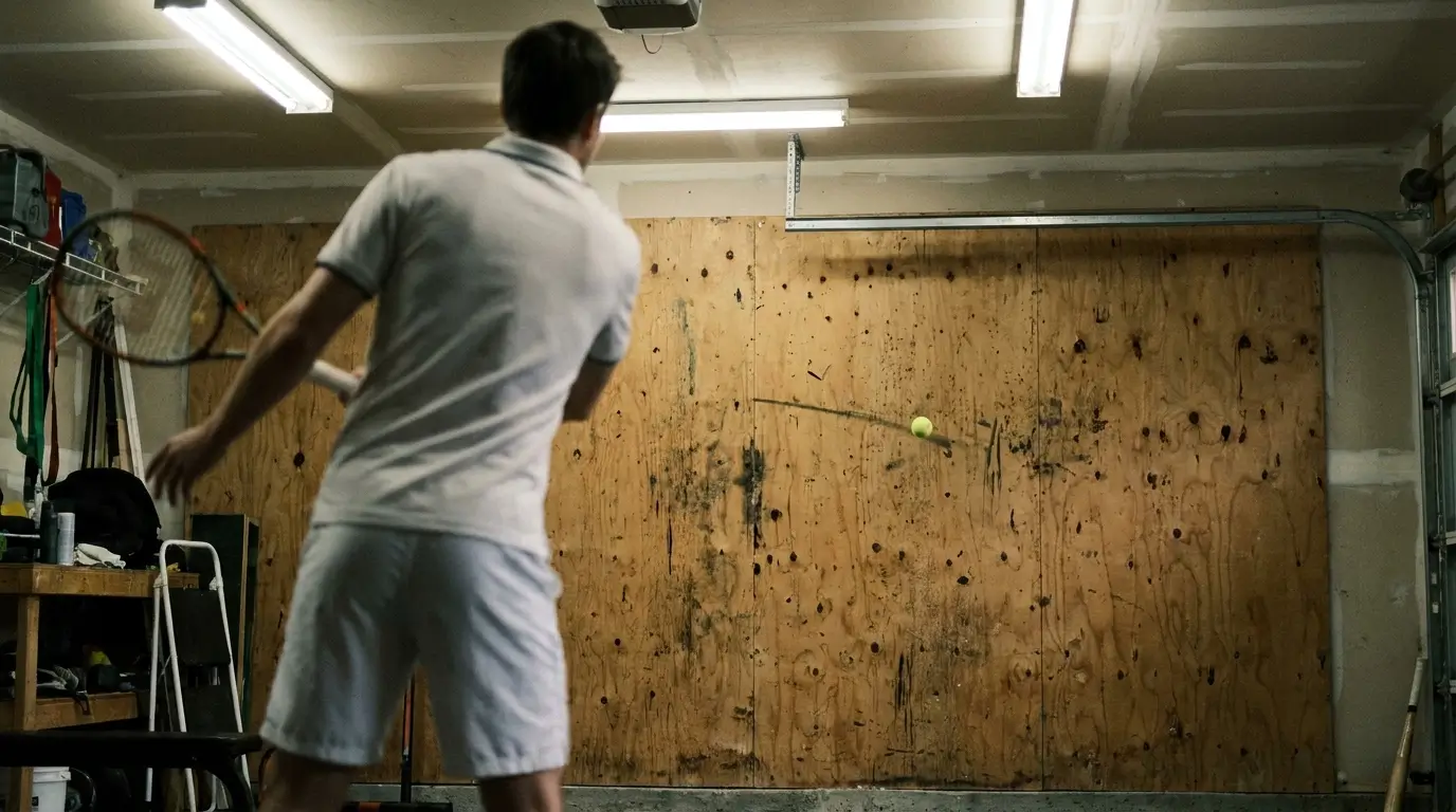 A player hitting a forehand against a solid plywood indoor practice wall in a garage, showing a realistic ball bounce trajectory.