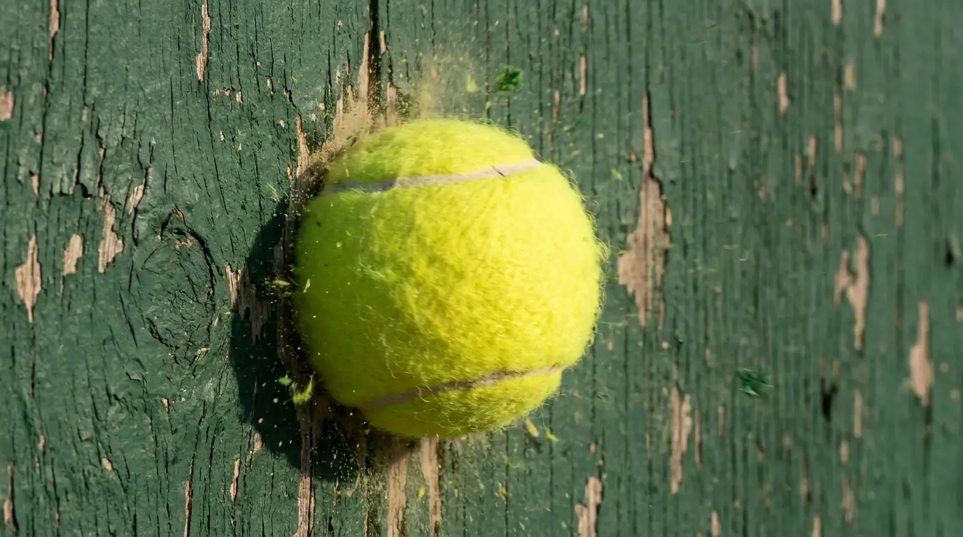 A tennis ball rebounding off a thick, exterior-grade plywood DIY practice wall.