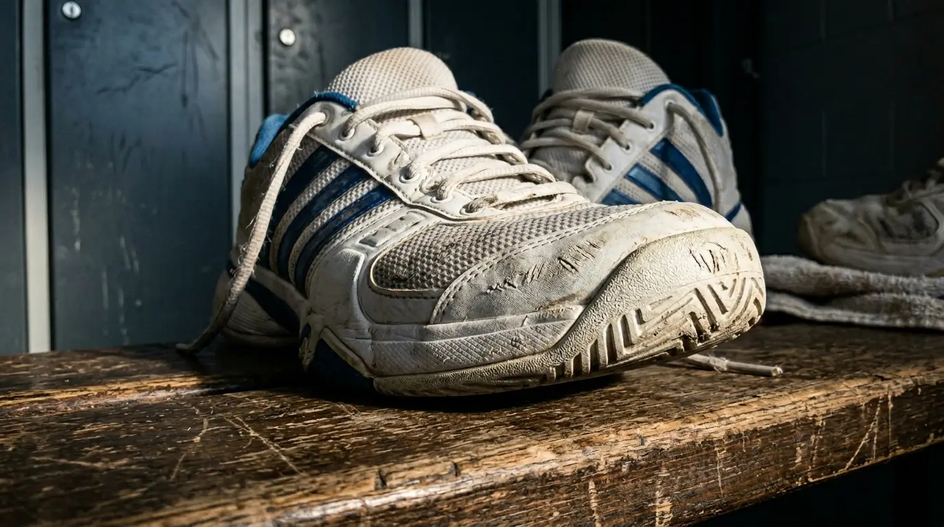 A worn tennis shoe featuring a thick TPU medial wrap that protects the toe box from court abrasion.
