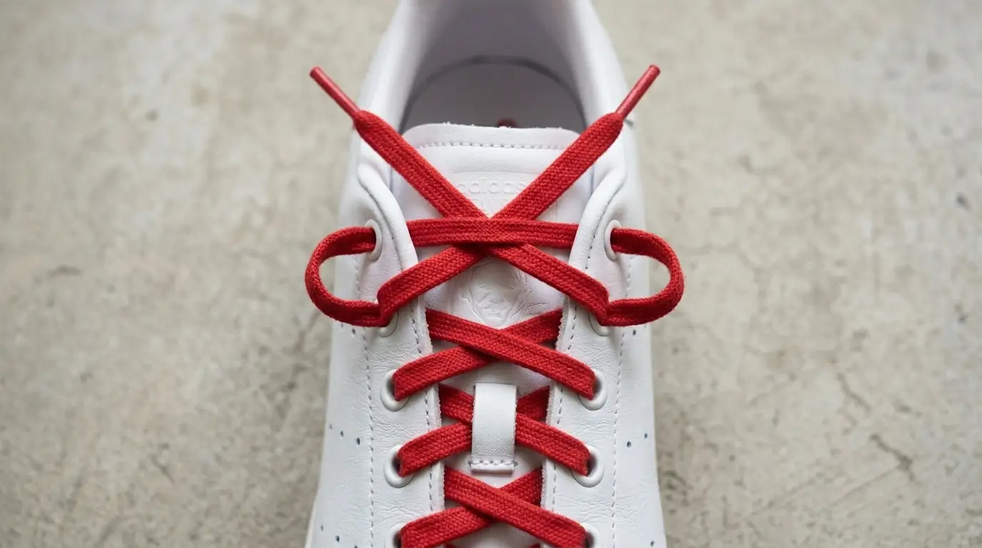 A close-up, top-down view showing the distinct "bunny ear" loops created by the runner's loop lacing technique for heel lock.