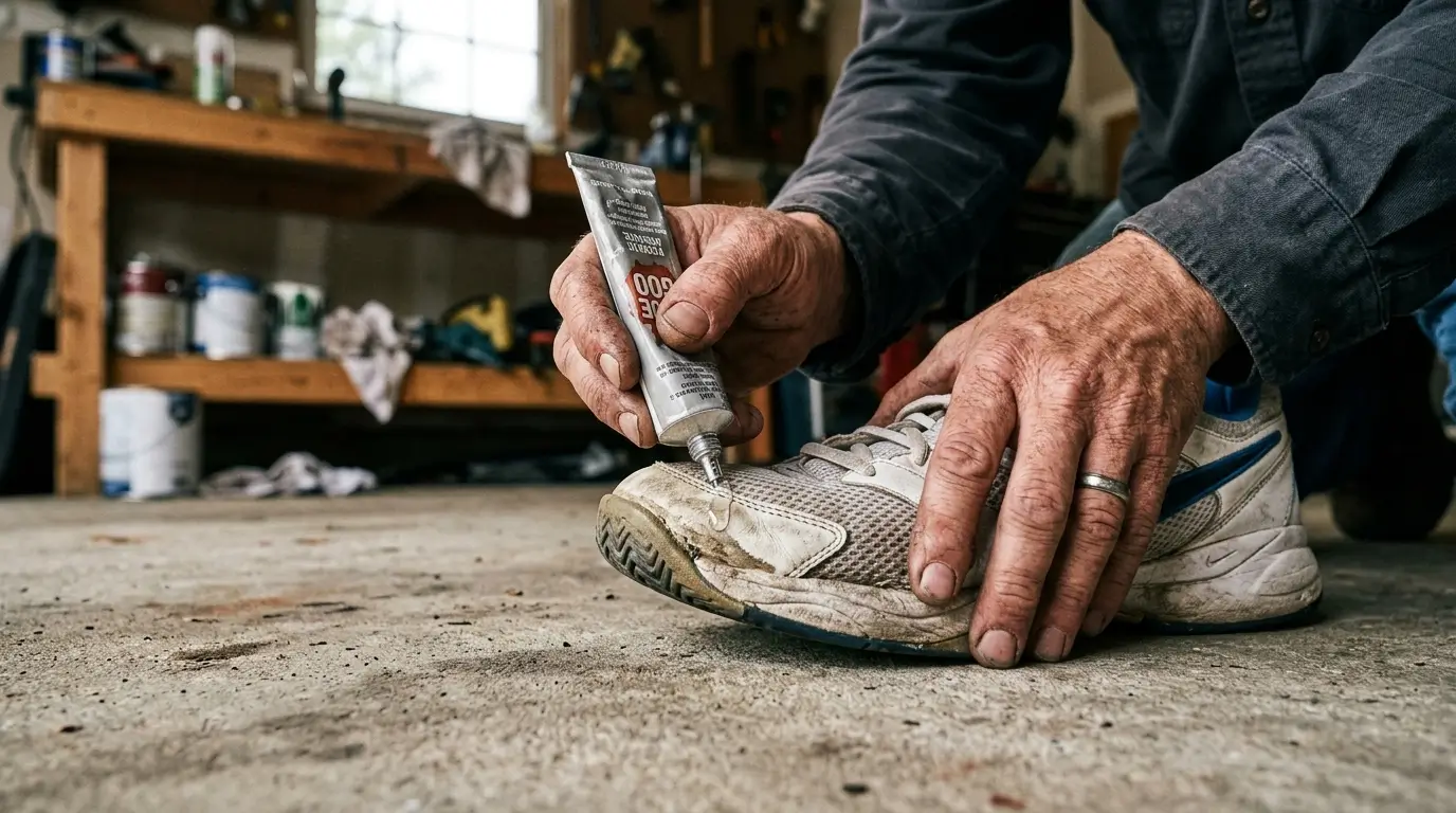 A coach applying a layer of polyurethane glue to the worn medial toe area of a tennis shoe to extend its lifespan.