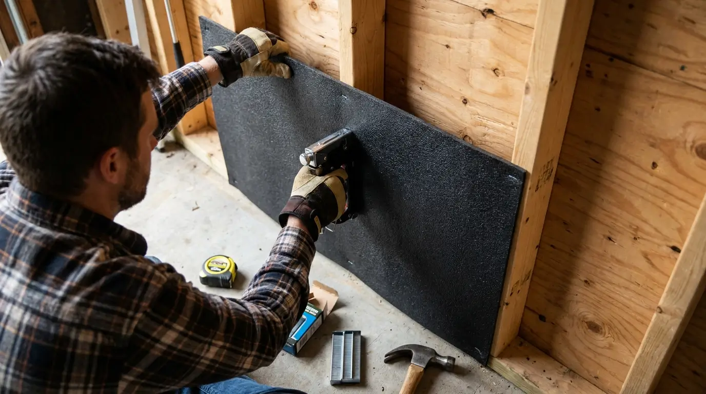 Adding mass-loaded vinyl to the back of a plywood tennis rebounder wall to reduce acoustic noise.