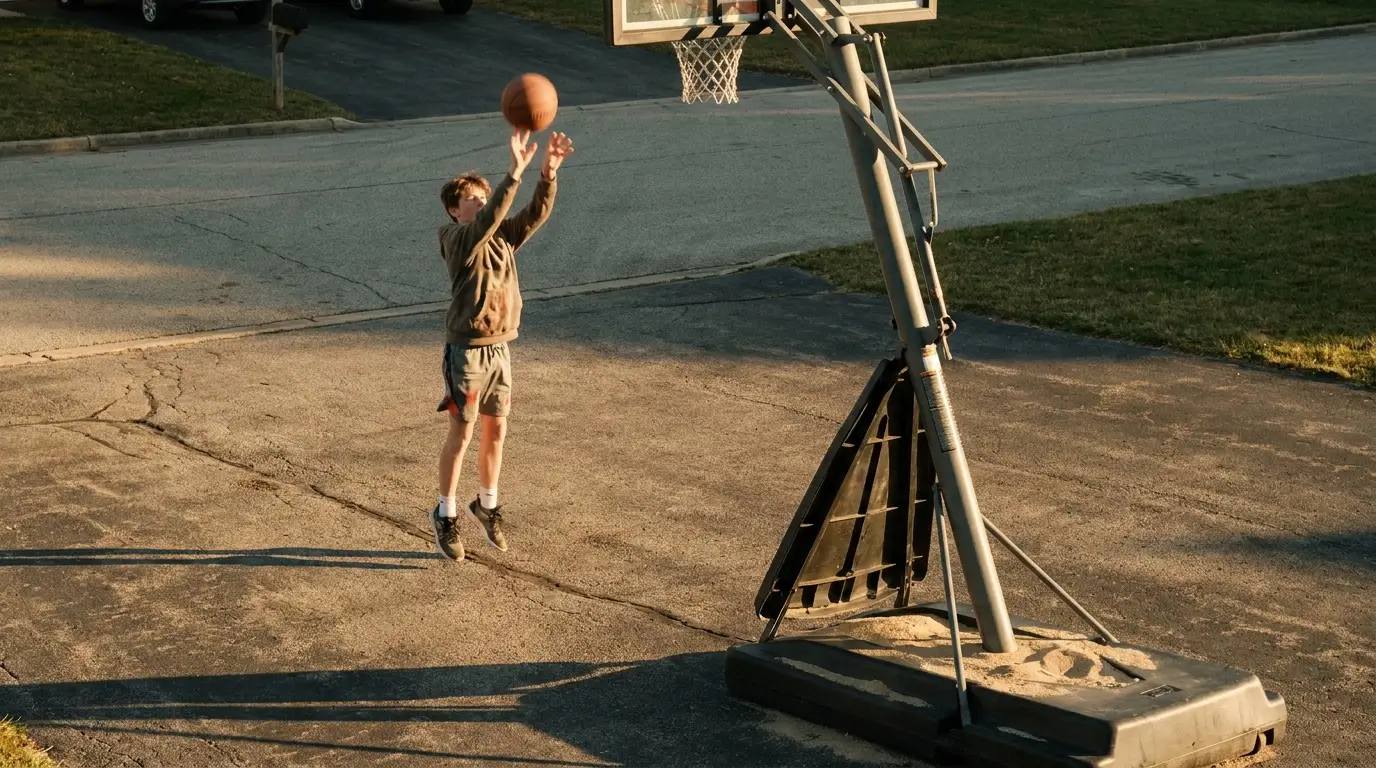 A teenager shooting a basketball safely on a highly stable, wind-resistant portable hoop in a driveway.