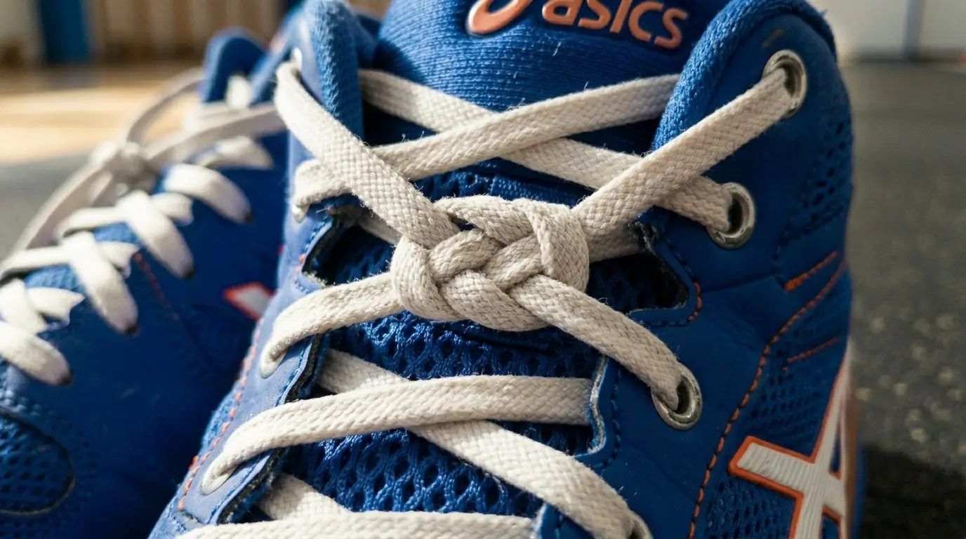 A close-up shot showing the double-twist of laces at the mid-foot, characteristic of the surgeon's knot for maintaining lace tension.