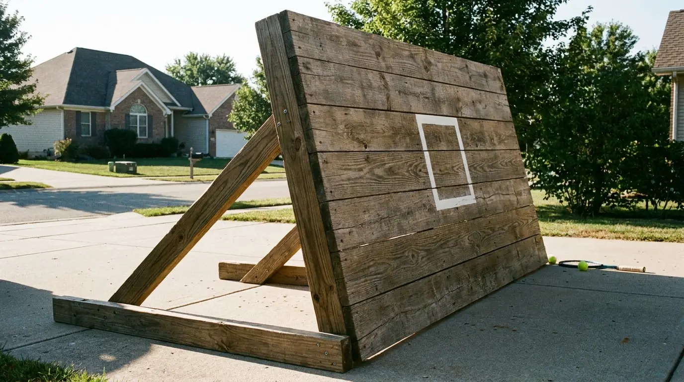 A DIY tennis practice wall tilted backward at a 5-degree angle to simulate a realistic groundstroke trajectory.