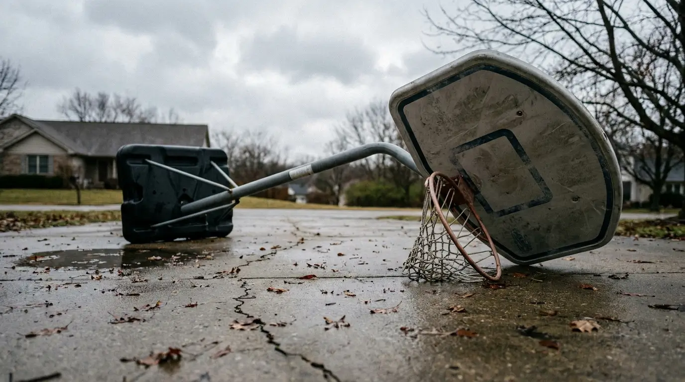 A cheap, lightweight portable basketball hoop tipped over on a driveway due to strong winds and an empty base.