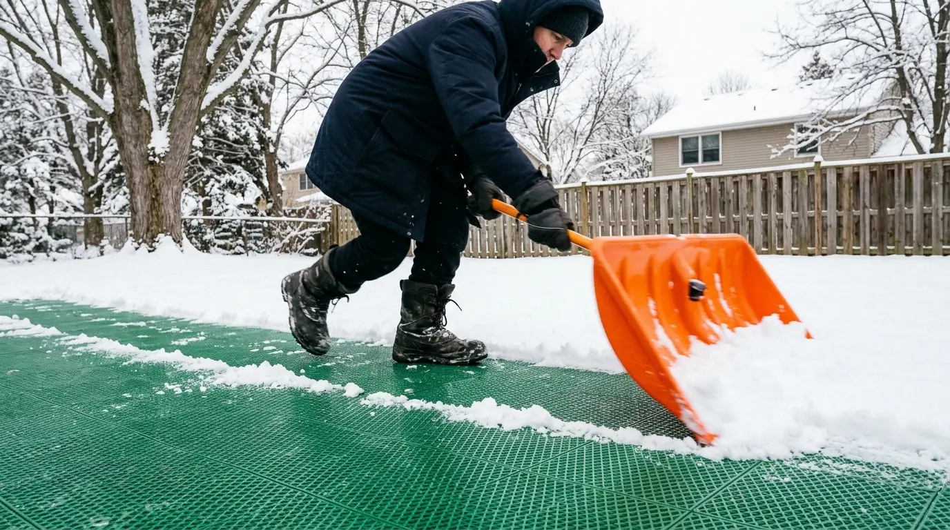 A person wearing winter gear using a wide, plastic-edged snow pusher to safely remove snow from interlocking sport court tiles without scratching them.