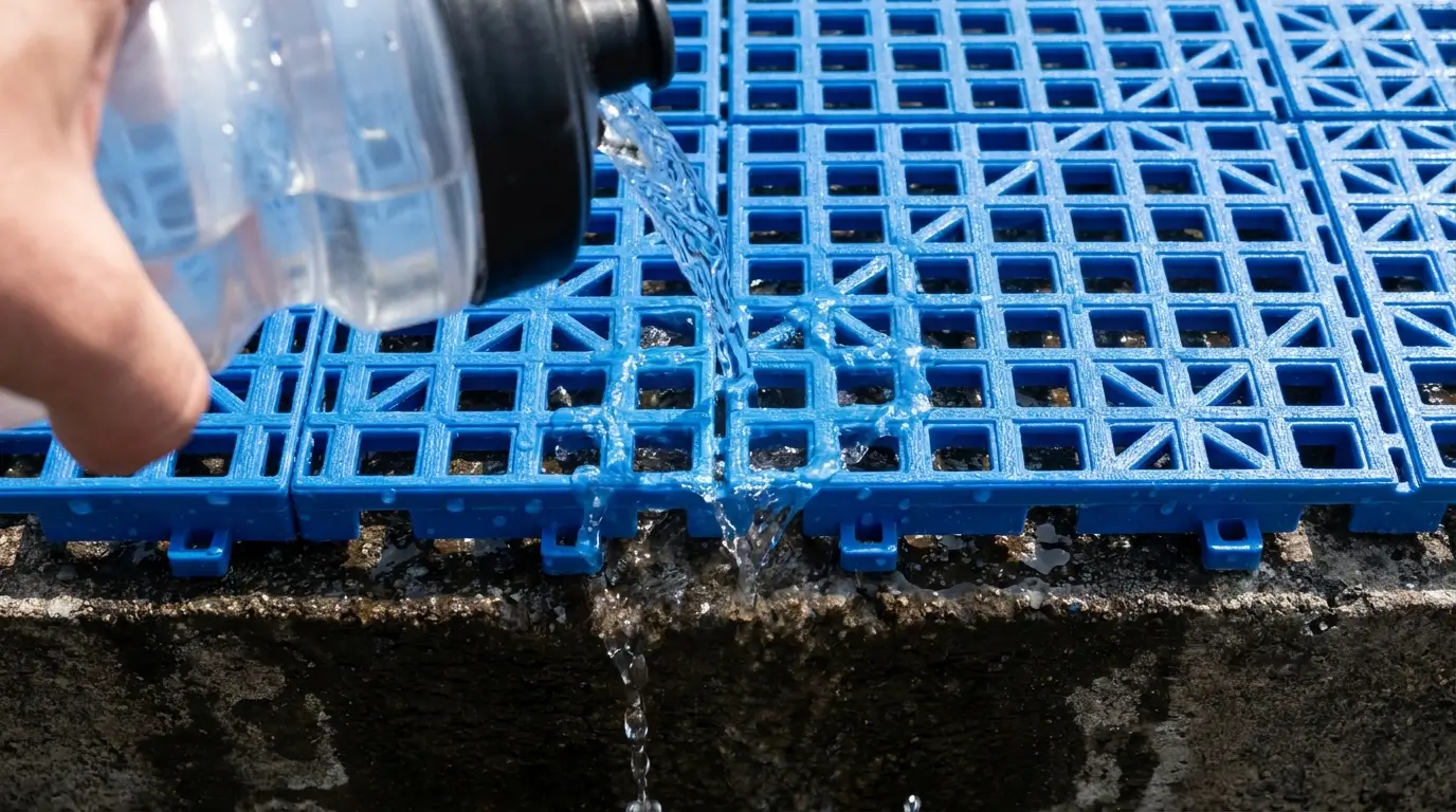 A close-up demonstration showing water draining directly through a permeable modular sport tile grid, leaving the surface dry for play.