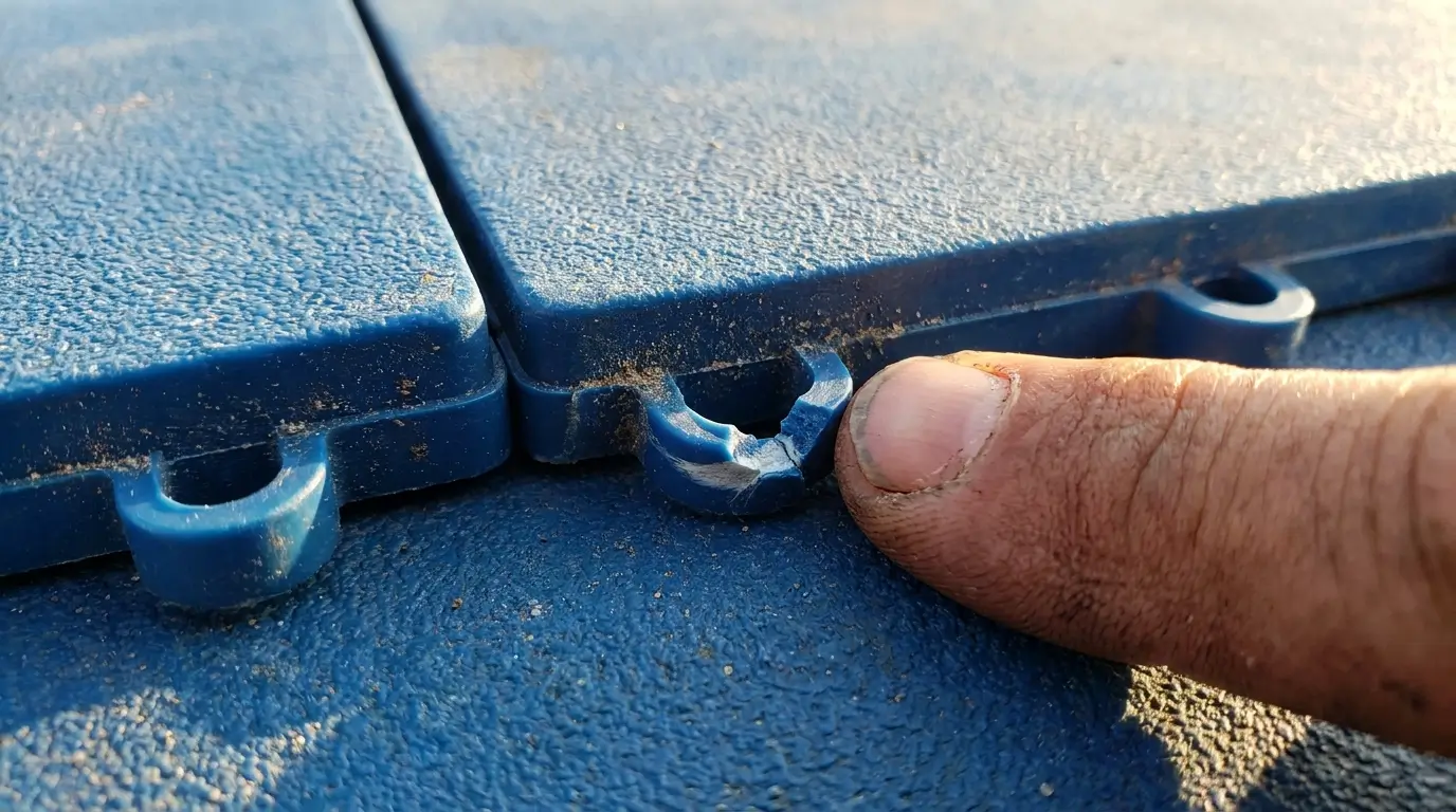 A close-up view of a cracked and chipped plastic interlocking loop on a blue modular sport court tile.