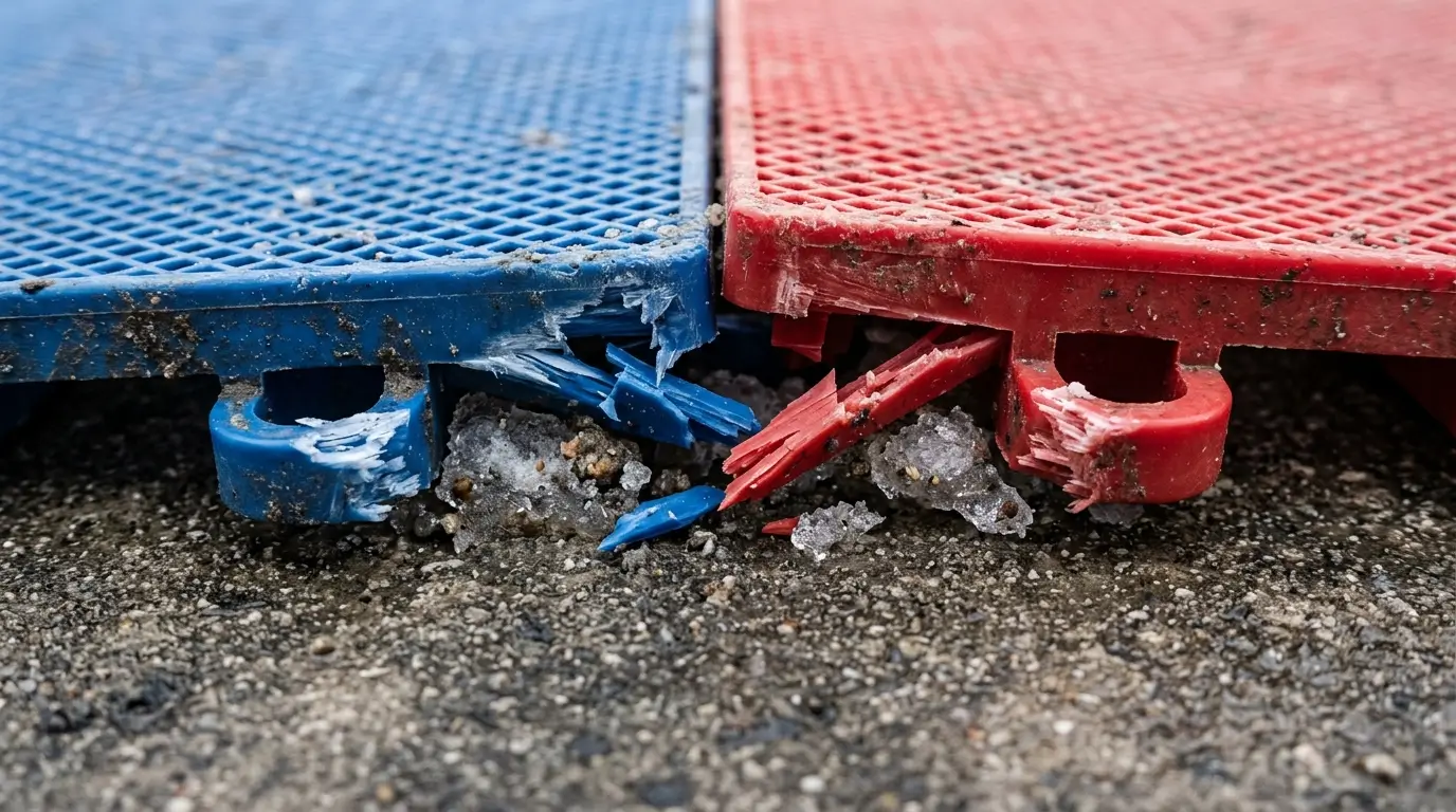 A modular sport tile with snapped interlocking tabs, lifted off the concrete base due to freeze-thaw ice expansion and trapped moisture.
