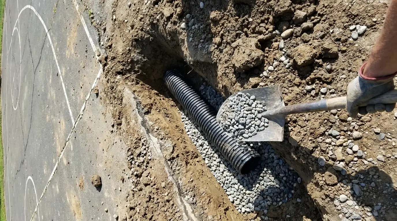 A freshly installed French drain system with a gravel trench and perforated pipe along the low edge of an asphalt backyard court.