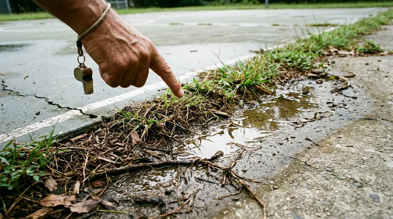 A coach points to overgrown grass acting as a dam, trapping standing water on the edge of a concrete backyard basketball court.