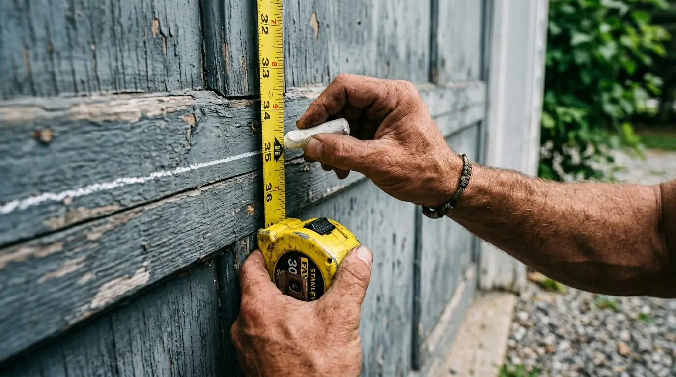 A close-up of hands using a metal tape measure and sidewalk chalk to mark the 34-inch net height and 7-foot kitchen line against a garage door for solo wall drills.