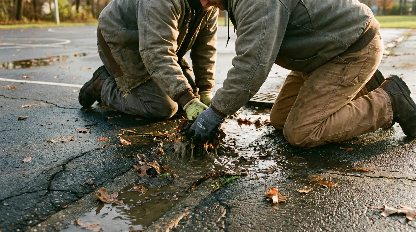 A facility manager wearing gloves clears wet leaves and mud from a French drain channel at the edge of an outdoor acrylic sport court to improve subsurface drainage and prevent paint blistering.