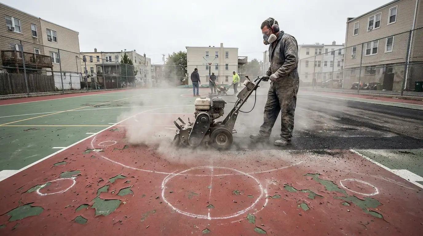 A professional contractor operating heavy machinery to grind off layers of failed, bubbled acrylic coating on an asphalt multi-sport court.