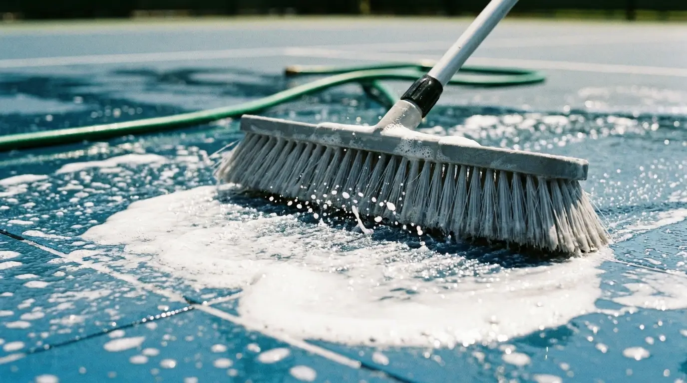 Hands scrubbing soapy water on a modular sport court using a soft-bristled push broom.