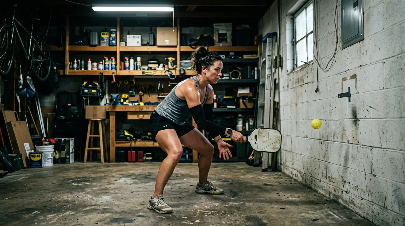 A pickleball player inside a garage practicing Wall Resets, absorbing a hard bounce from a cinder block wall while staying low in an athletic stance.