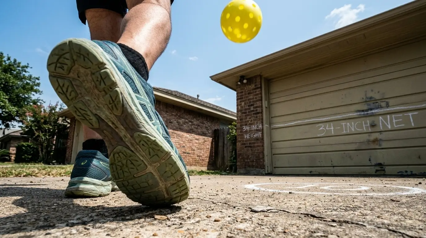 A low-angle view showing the high arcing trajectory of a pickleball drop shot as it falls sharply toward a chalk target near a garage door in a small driveway.A low-angle view showing the high arcing trajectory of a pickleball drop shot as it falls sharply toward a chalk target near a garage door in a small driveway.