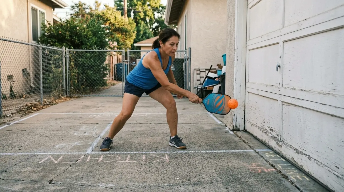 A pickleball player practicing soft wall dinks against a wooden garage door with an open paddle face, focusing on touch and consistency in a small driveway.