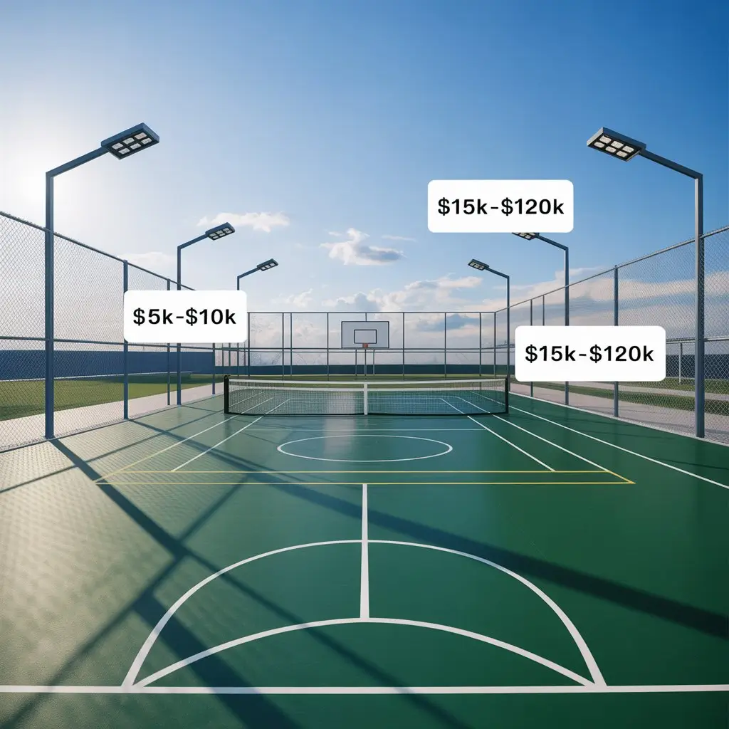 Featured image showing a multi-sport court layout with labeled cost estimates for residential and commercial builds