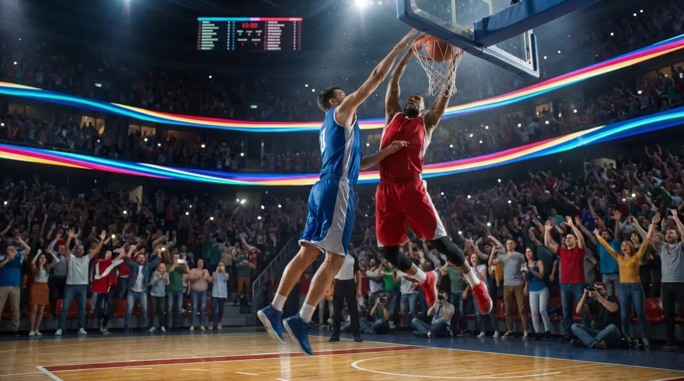 High-energy basketball game showing players in action with intense lighting and crowd.