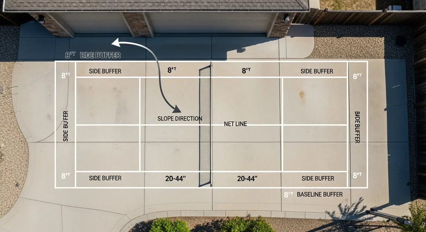 Overhead view of a residential driveway with a marked 20x44 ft pickleball court and labeled safety buffer zones