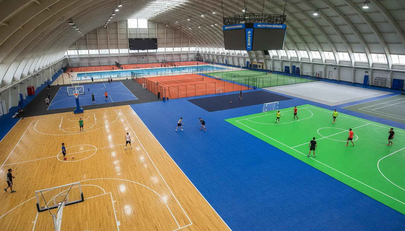 A multi-sport facility with different types of sports court flooring including wood, rubber, and modular tiles