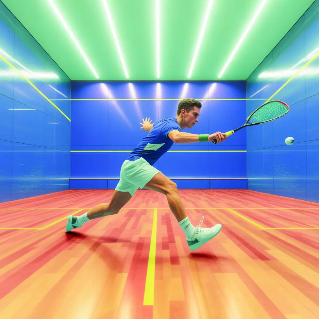 Squash player in action during a fast-paced rally on a four-walled indoor court