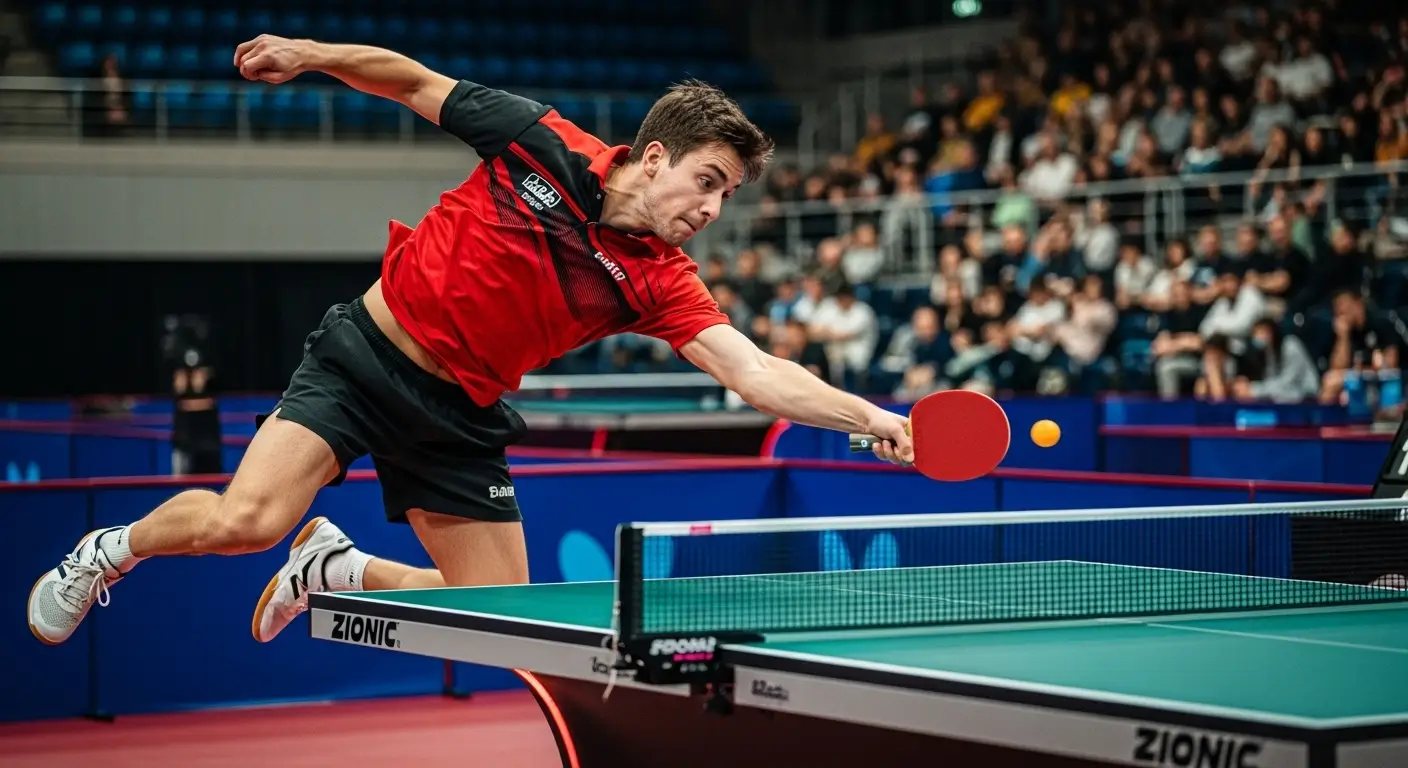 Professional table tennis player performing a forehand smash during a competitive match