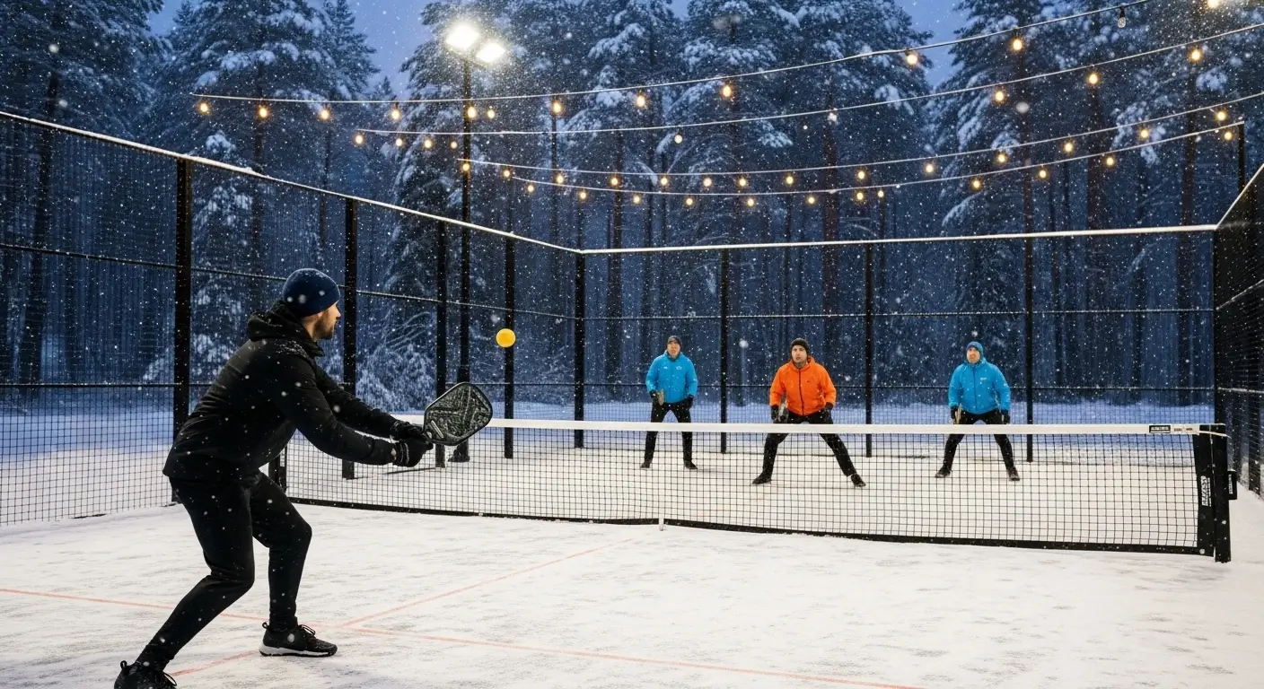 Four people playing racquet sports on a blue, snow-covered outdoor court surrounded by a winter forest and lit by overhead bulb lights.