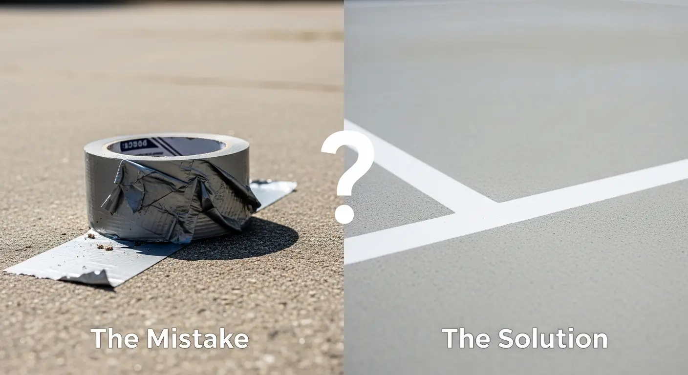 Duct tape residue on a driveway contrasted with clean, painted pickleball court lines for DIY guide