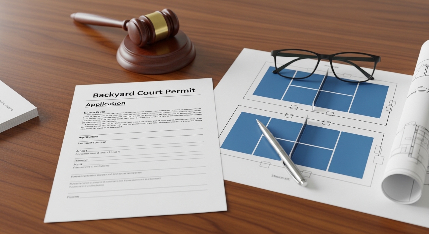 Professional desk setup with backyard court permits, architectural blueprints, and legal documents
