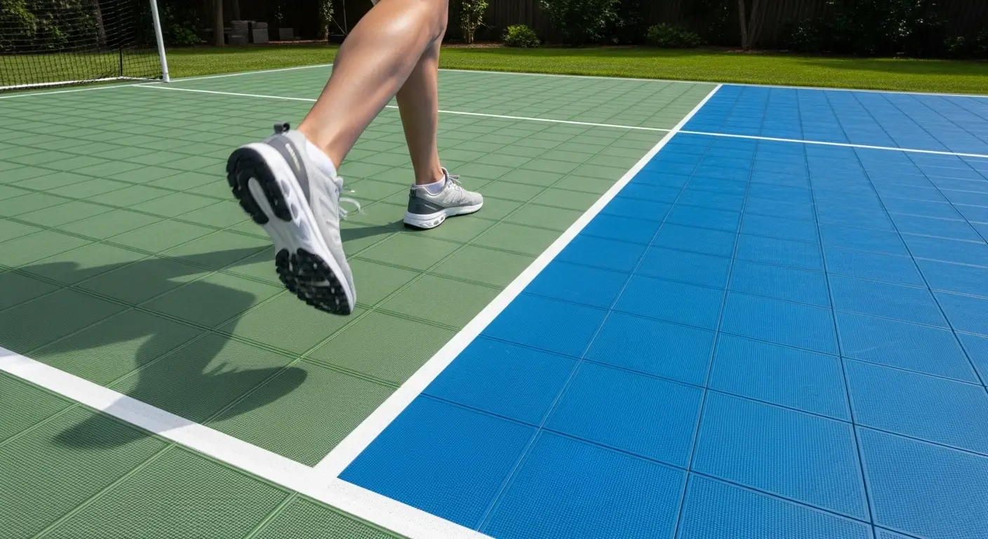Vibrant multi-sport backyard court featuring soft sport court surfaces like modular tiles and cushioned acrylic, designed for knee protection