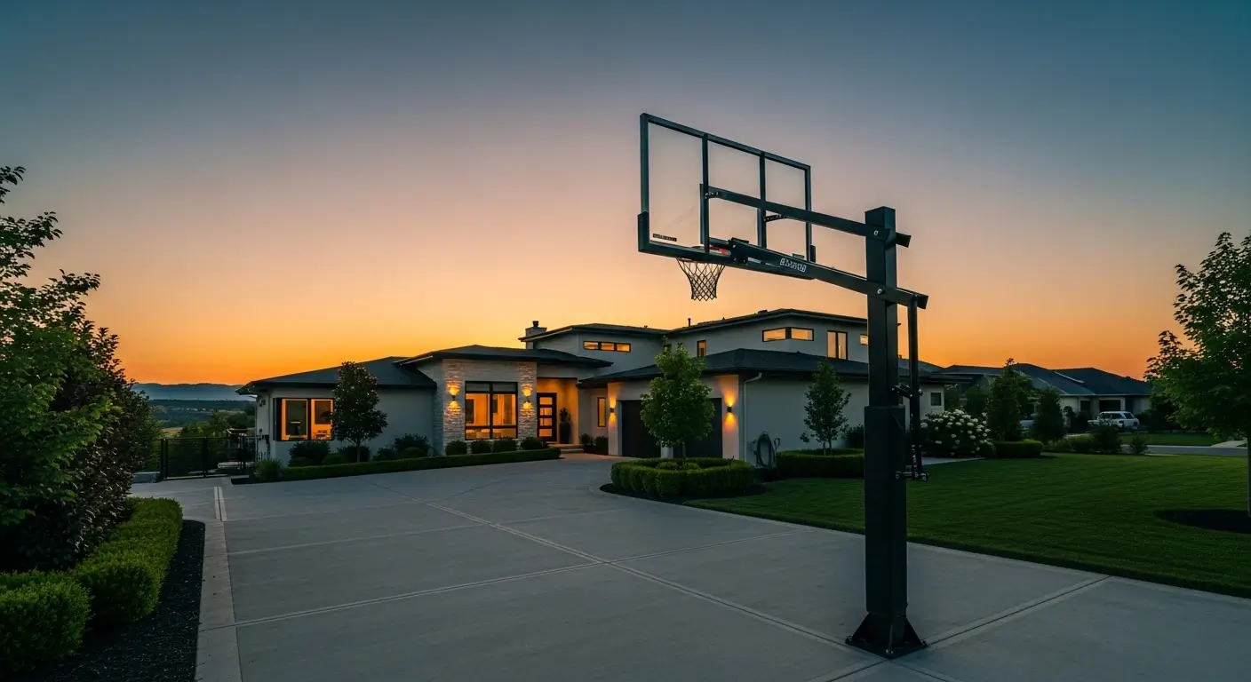 A luxury suburban home at sunset featuring a professionally installed in-ground basketball hoop, illustrating the concept of basketball hoop property value.