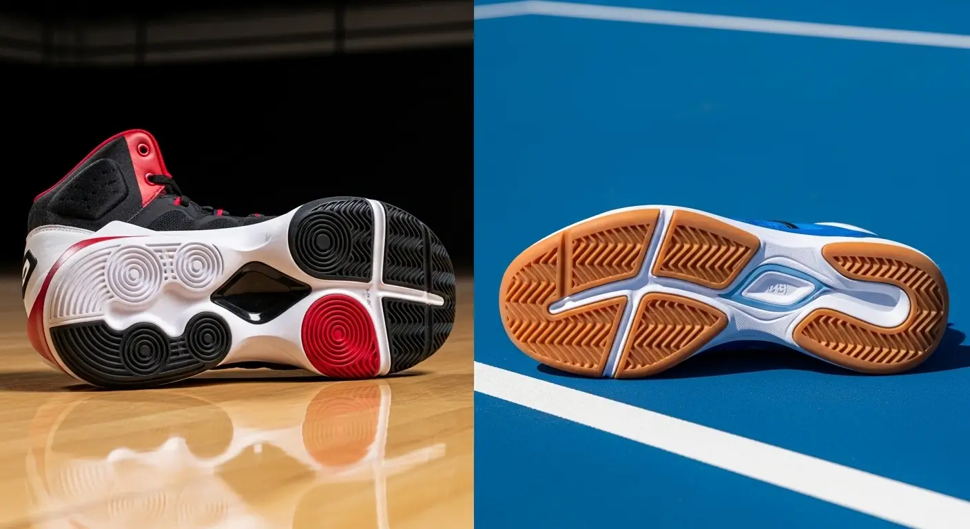 A side-by-side comparison of a basketball shoe on an indoor court and a pickleball shoe on an outdoor court