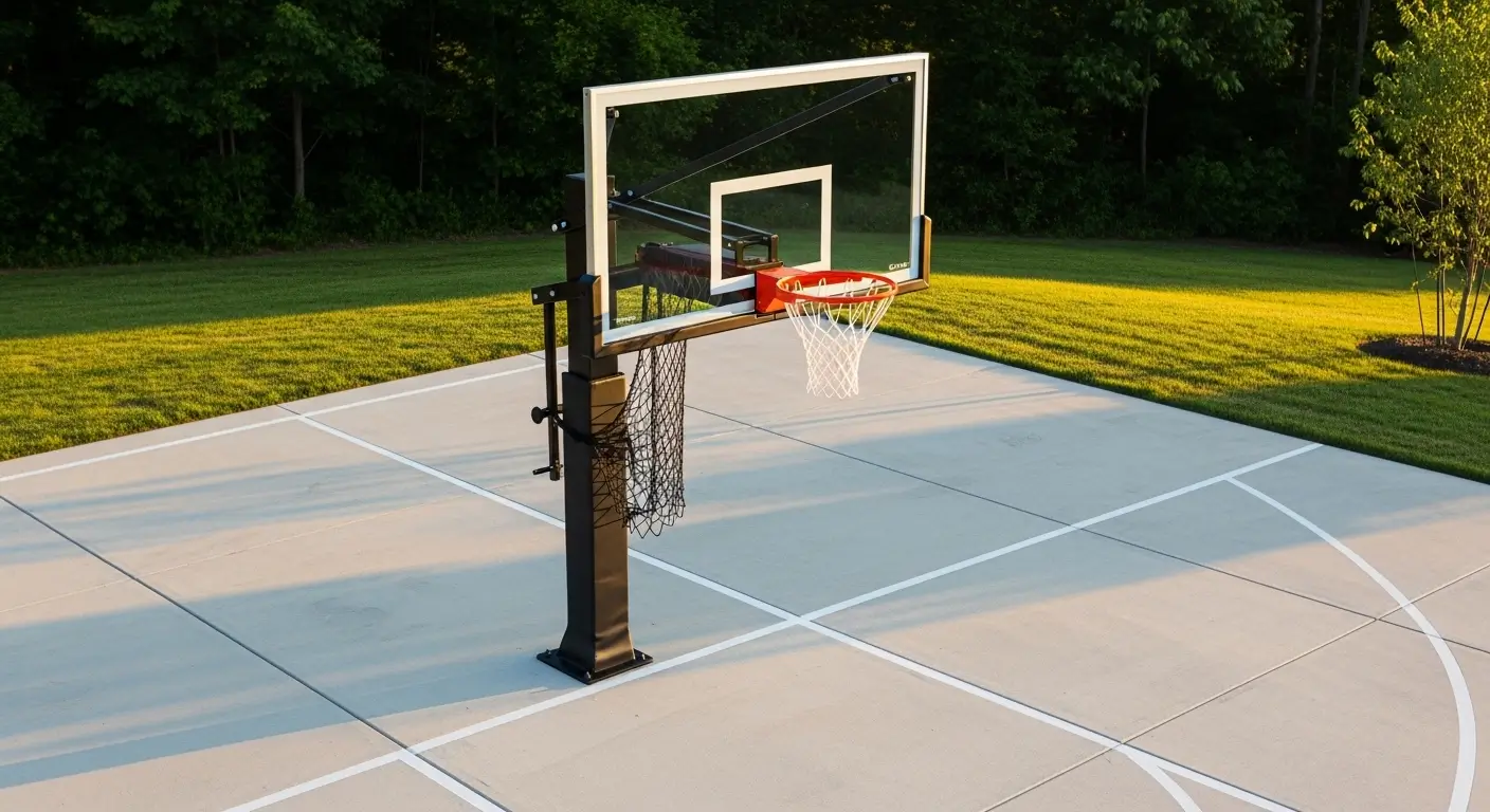 A professional-grade in-ground basketball hoop with a 72-inch tempered glass backboard installed on a modern suburban driveway at golden hour.