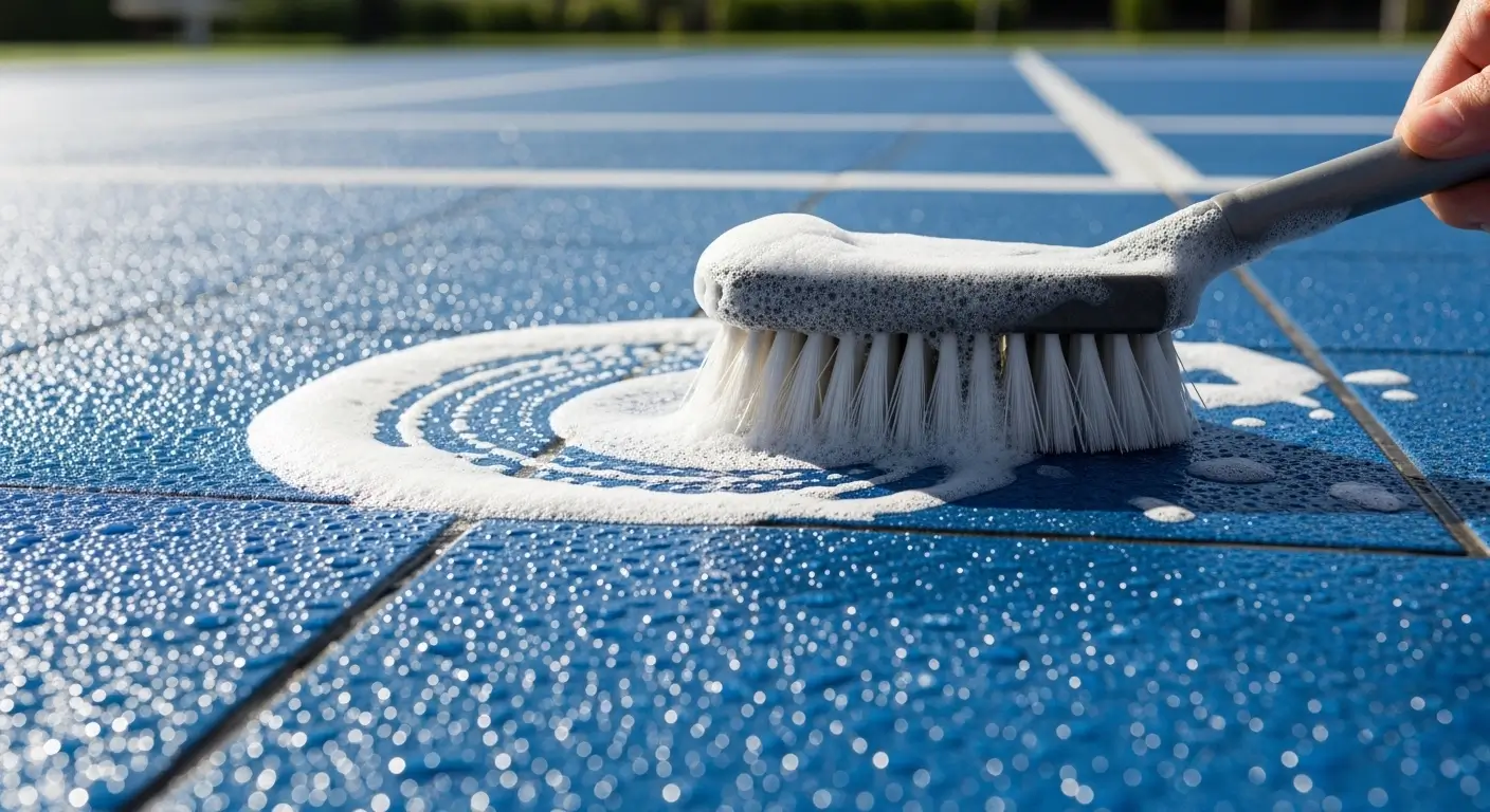 Professional cleaning of blue outdoor sport court tiles with a nylon brush and soap suds