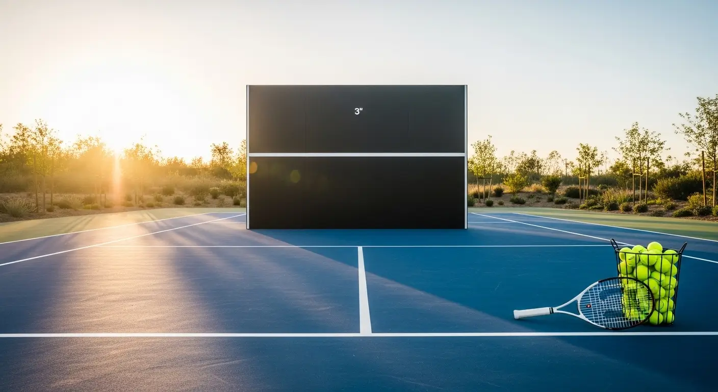 A professional-grade DIY tennis rebounder wall set up on a high-end residential court during sunset.