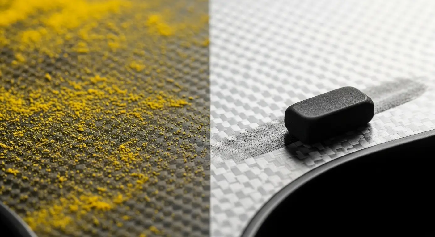 Close-up comparison of a dirty vs cleaned carbon fiber pickleball paddle face showing restored grit