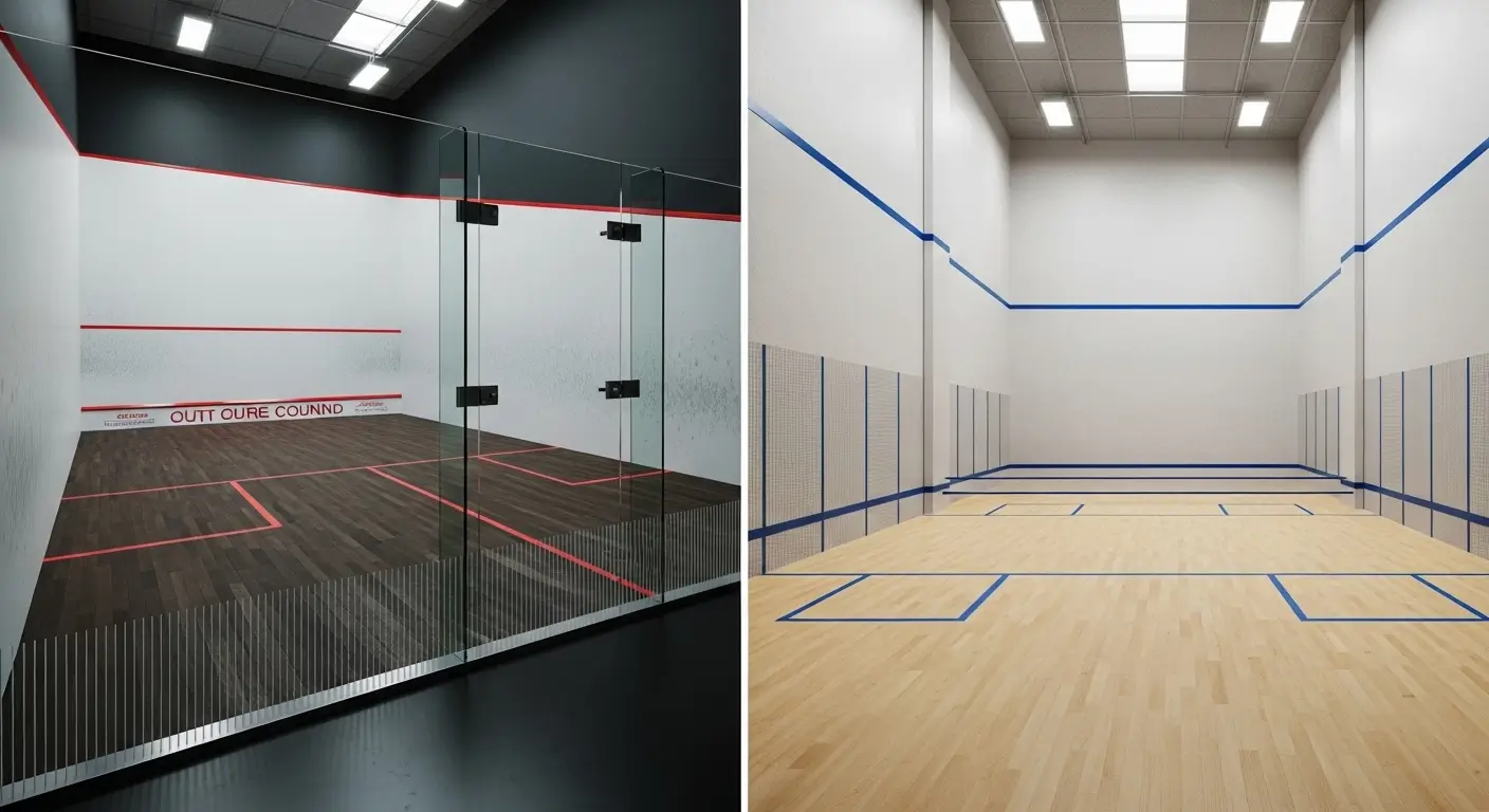 3D architectural comparison of squash and racquetball court dimensions and layouts.