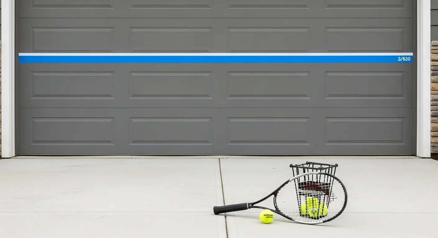 A tennis racket and a basket of tennis balls placed on the ground in front of a gray garage door with a blue horizontal stripe.
