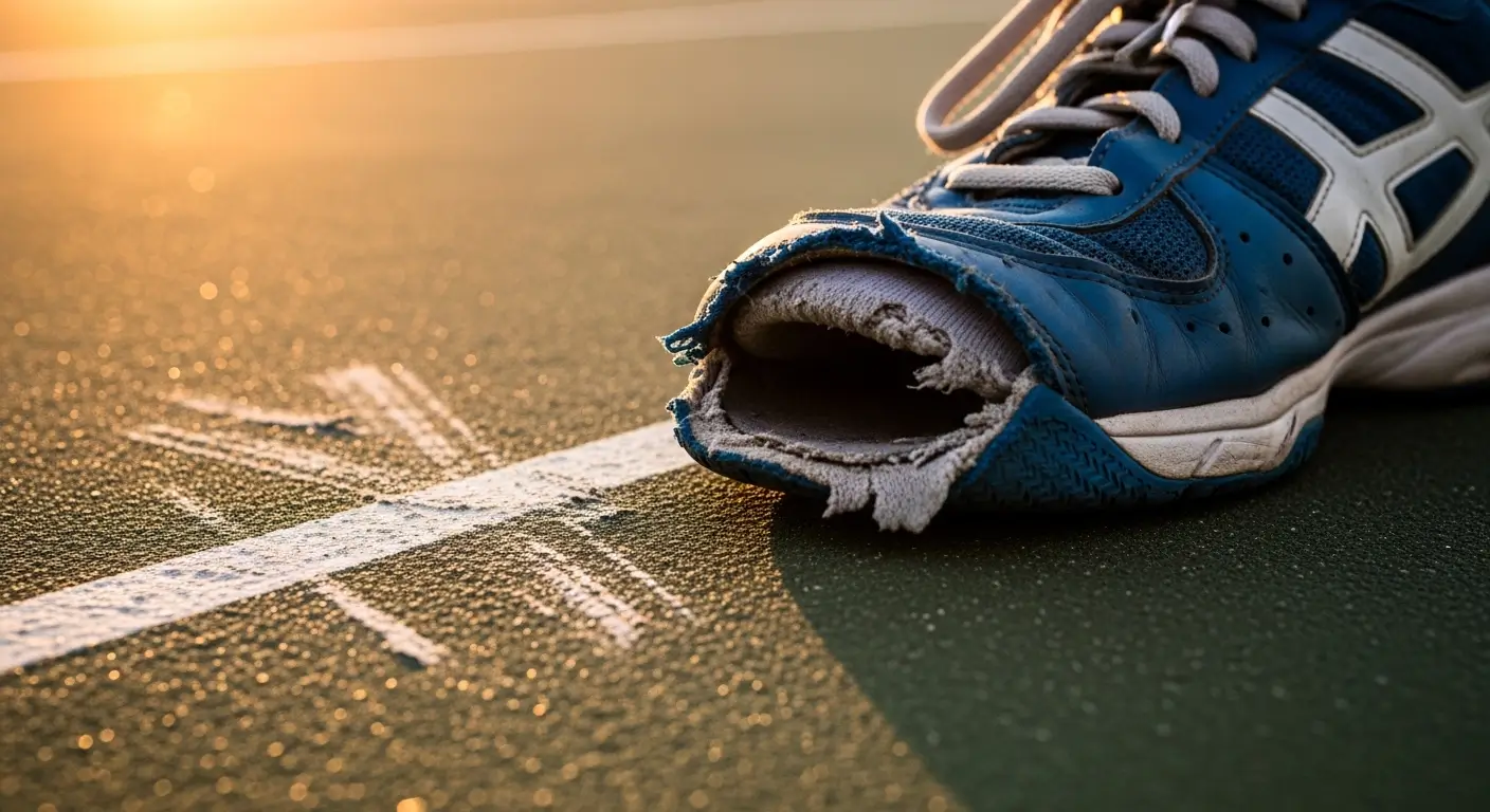 Close-up view of extensive damage to the medial side of a tennis shoe caused by aggressive toe dragging on a hard court.