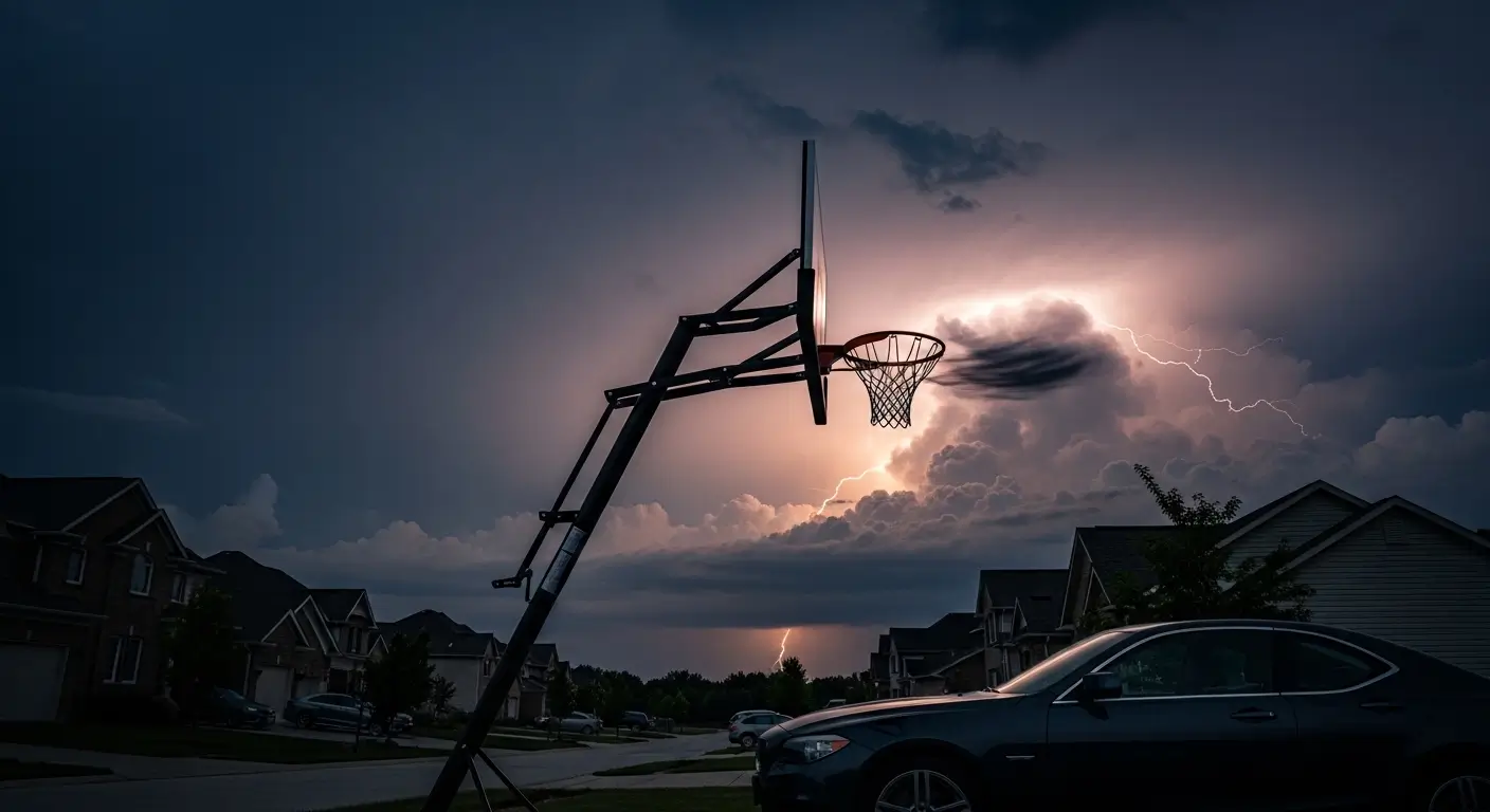 Portable basketball hoop tilting in high winds during a storm in a driveway