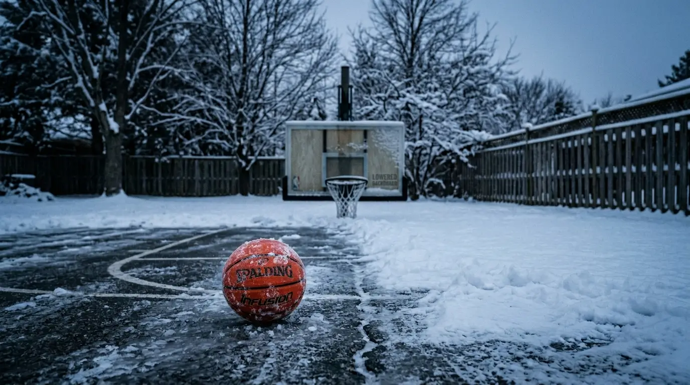 An outdoor basketball court covered in snow, highlighting the urgent need for winterizing sports court surfaces.