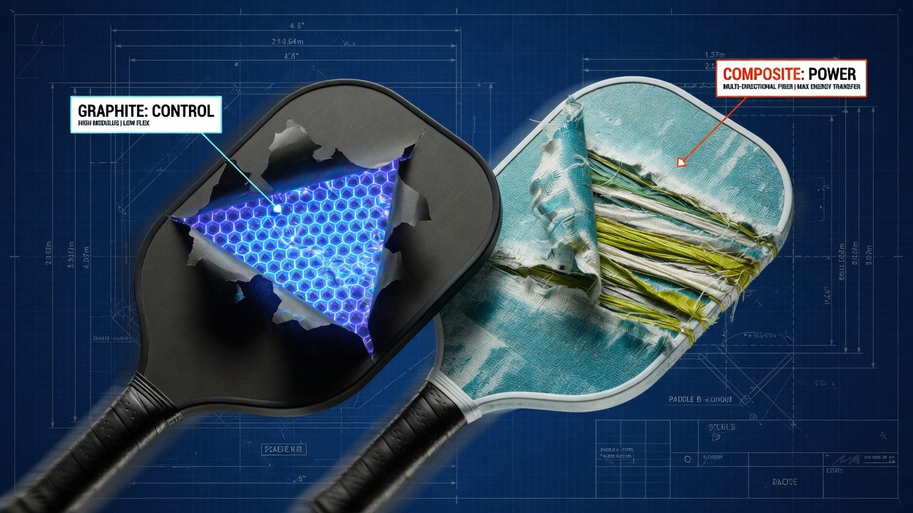 Technical featured image contrasting the internal engineering of graphite and composite pickleball paddles over a blueprint background.