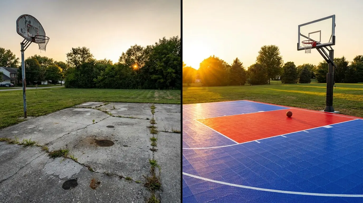 A side-by-side transformation of a cracked driveway surface into a professional sport tile court.