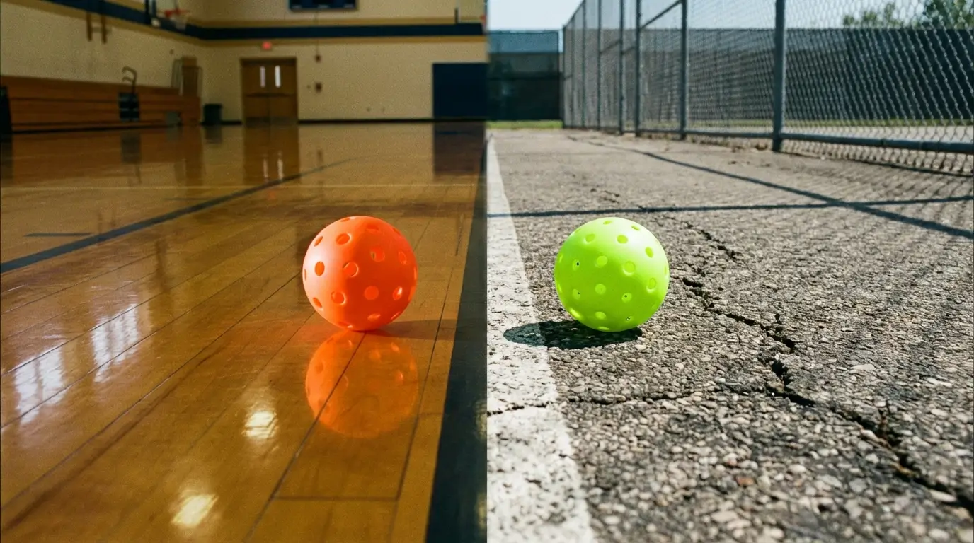 A close-up photograph comparing an indoor orange pickleball with 26 large holes on a gym floor and an outdoor neon green pickleball with 40 small holes on asphalt.